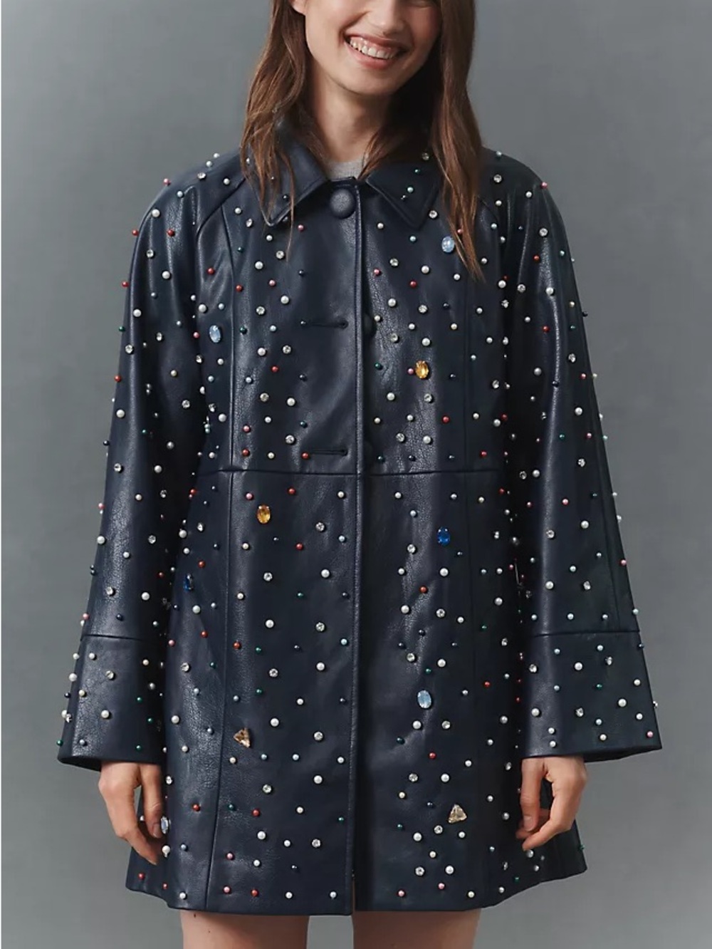 Maeve Jewel Embellished Vegan Leather Navy Car Coat